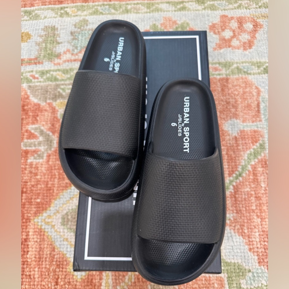 NIB Urban Sport by J/Slides Black Eva Squeezy Slides. Size 6. Never worn.